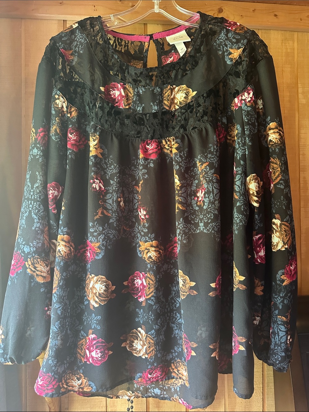 Knox Rose Black Floral Lace Yoke Blouse with Pink and Gold Roses 8261.5